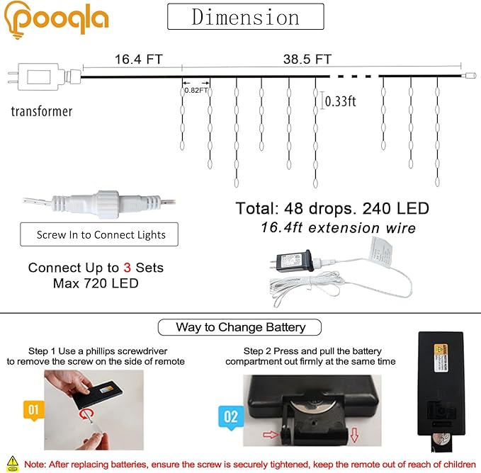 Pooqla Color Changing Christmas Icicle Lights with Remote, 35 Colors 9 Modes String Lights Outdoor, 240 LED 38.5 FT RGB Waterproof Hanging Lights for Roof Window Home Party Easter Decor
