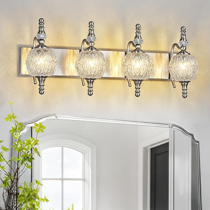 Modern Crystal Bathroom Vanity Lights Fixtures Over Mirror Brushed Nickel Vintage 4-Lights 28 Inch Bathroom Light Fixtures Glass Crystal Vanity Lights