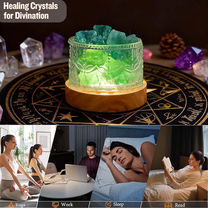Runyangshi Crystal Lamp Night Light - Natural Green Fluorite Crystal Stone, 3 Lighting Modes with 10 Brightness Levels, Kid & Pet Friendly Design, USB Powered, Ideal for Home and Decor & Gift