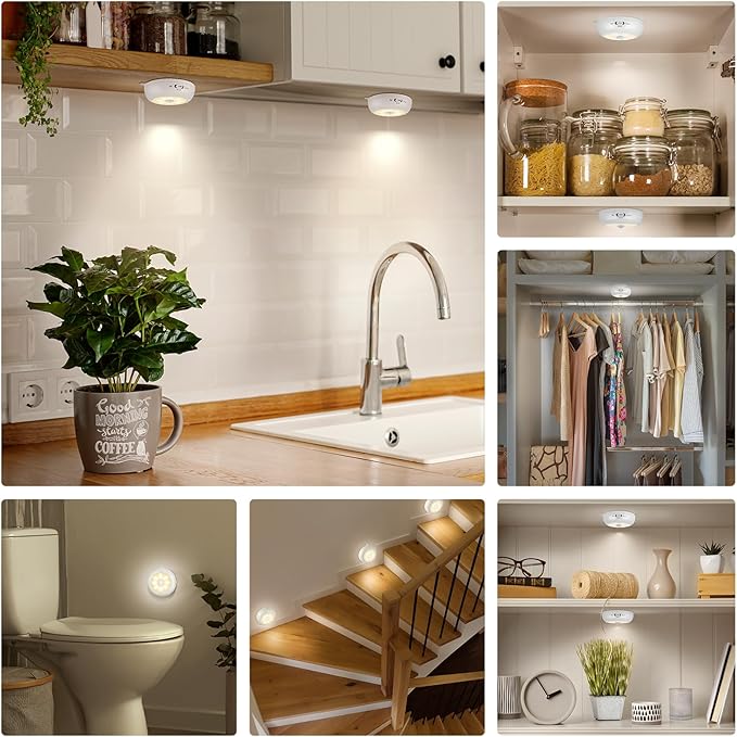 Under Cabinet Lighting, LED Puck Lights AA Battery Operated, Closet Lights Motion Sensored for Kitchen, Shelf, Dimmable & Magnetic, 3000K Warm White (6 Pack)