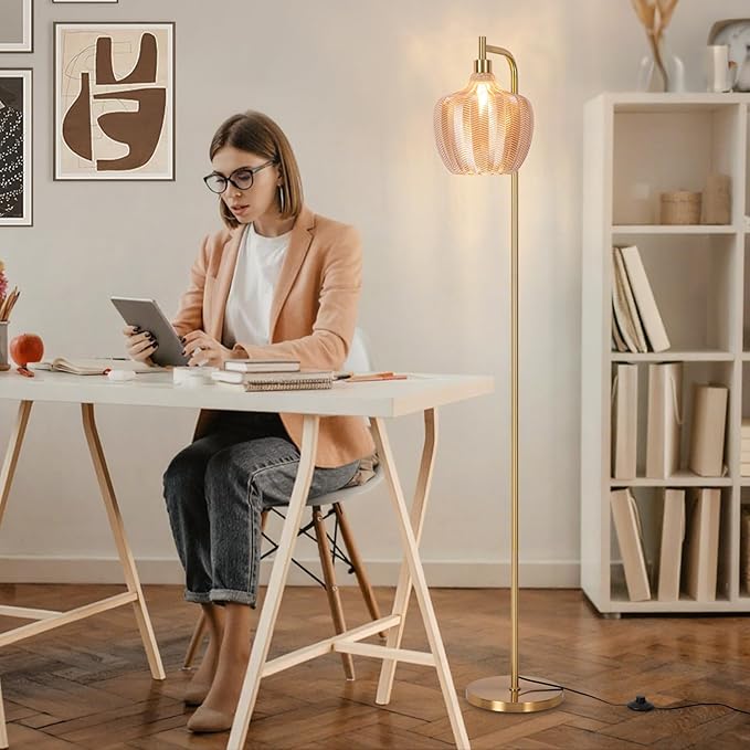 Gold Floor Lamp for Living Room, Modern Stained Glass Standing Lamp with Remote, Dimmable Amber Lampshade Tall Floor Lamps, Mid Century Vintage Floor Light for Bedroom Study Room Office (Amber)
