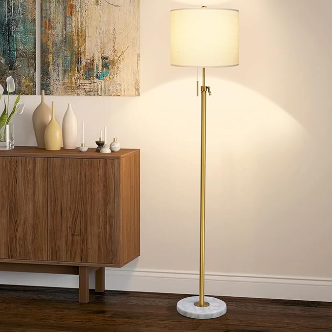 【Upgrade】 Gold Floor Lamps for Living Room, 55"-67" Height Adjustable Modern Standing Lamp with Marble Base, Pull Chain Switch, 3-Way Dimmable Tall Pole Lamp for Bedroom Office Reading, Bulb Included