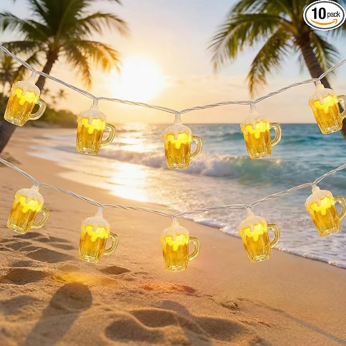 Beer Mug String Lights, 8.5Ft Hawaiian Beach Themed Party Decorations String Lights with 10 3D Beer Cup Lights, Outdoor Light Beer for Tropical Luau Party Beach Pool Summer Tiki Gifts Decorations