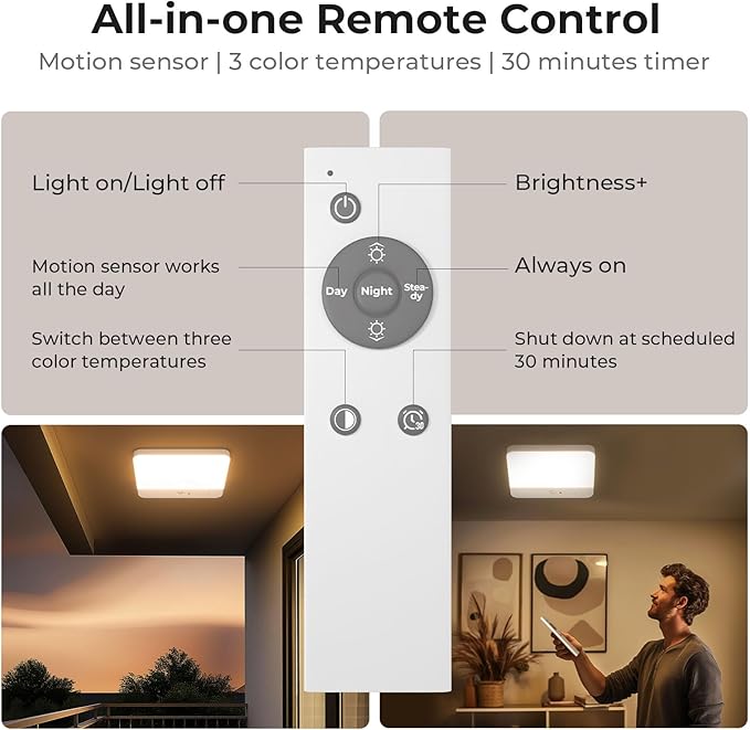 FULEN Motion Sensor Ceiling Light Fixture, Cordless Closet Light Battery Operated, Rechargeable Magnetic Mount LED Shower Light for Bathroom,Stairs,Garage,Hallway,3 Color Temperatures,Remote Control