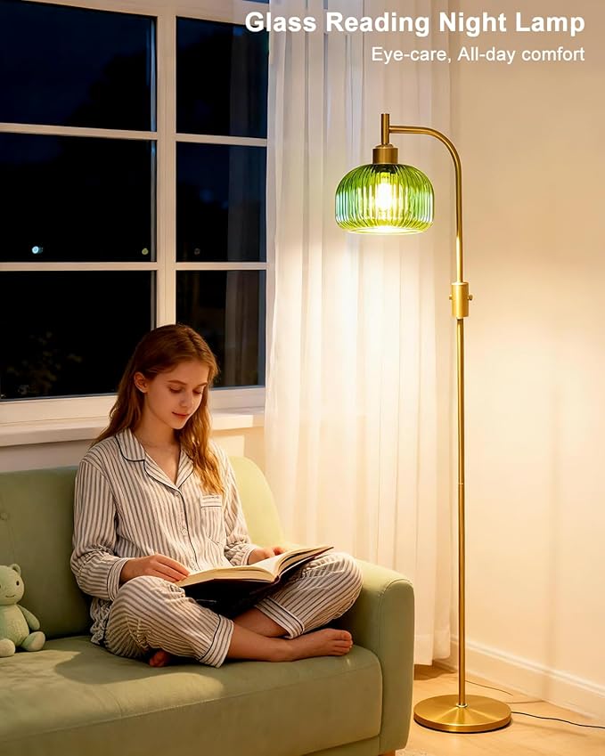 Lightdot 64IN Glass Floor Lamp for Living Room, Dimmable Modern Standing Lamps with Emerald Green Ribbed Glass Lampshade&(Bulb Included), Industrial Floor Lamp for Bedroom Office/