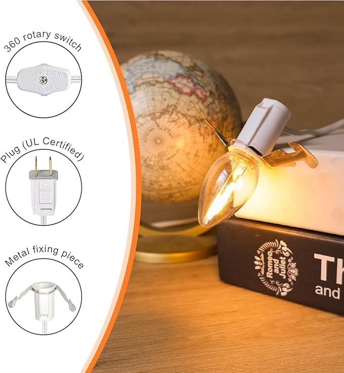 4 Accessory Cord with 4 Led Light Bulb 6 Ft White Cord with On/Off Switch Plugs E12 Candelabra LED Light Bulbs and Clips for Halloween Christmas Decorations Craft Village House Decoration