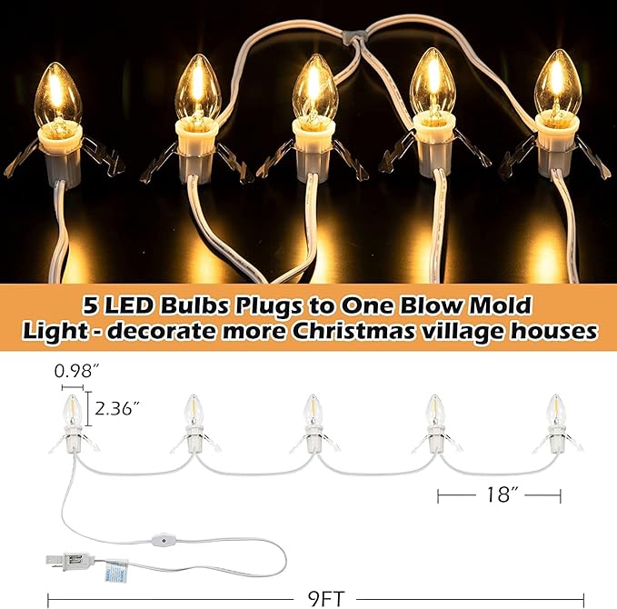 Meonum 2 Pcs Christmas Village Lights, 5 Base C7 String Bulbs Christmas Village Light Cord with ON/Off Switch Spare Fuse, Blow Mold Light Kit for Xmas Mini House
