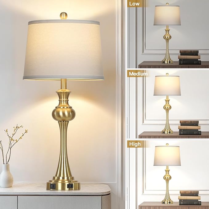 28.75" Modern Table Lamps Set of 2, Gold Bedside Lamp with USB A+C & AC Outlet,Brass Unique Desk Lamps for Living Room, Bedroom, Nightstand, End Table (2 Bulbs Included)