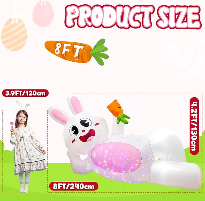 OurWarm 8FT Easter Inflatables Outdoor Decorations, Lying Inflatable Easter Bunny Decor, Easter Bunny Blow up Inflatable with LED Lights, Easter Blow Ups for Outside Holiday Roof Lawn Yard Decor