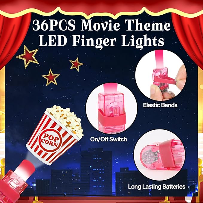 36Pcs Movie Night LED Finger Lights Movie Theme LED Finger Lights Glow in the Dark Light Up Toys Back to School Supplies for Kids Birthday Party Goodie Bag Stuffer Birthday Gifts Classroom Prize
