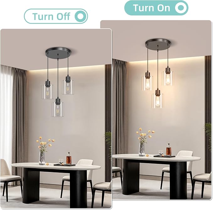 CANMEIJIA 3-Light Pendant Light Fixtures Black Glass Pendant Lights Kitchen Island, Industrial Hanging Pendant Lighting for Dining Room Bedroom, Modern Ceiling Lamp E26 Base, Bulbs Not Included
