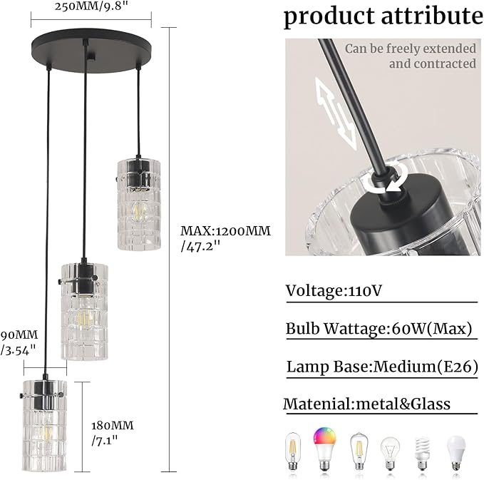 Black Glass Pendant Lights, Pendant Light Fixtures, Pendant Lights for Kitchen Island Living Room,with Meatel Adjustable Hanging Rod,(3 Lights)