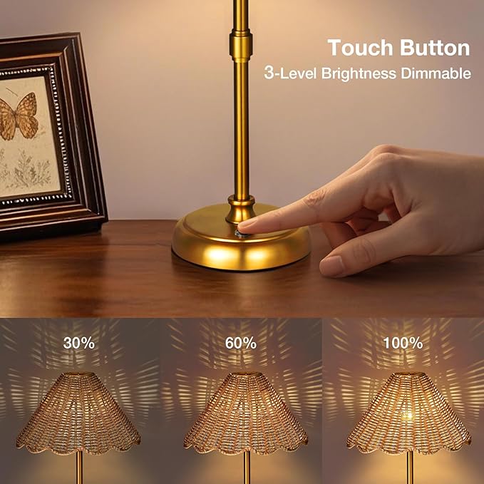 Cordless Boho Rattan Table lamp, 5200-mAh Rechargeable Battery, 3-level Brightness Dimmable, Build-in Integrated LED 320 Lumen Max, Rattan Shade, for Bedside Restaurant Resort Hotel Dining Table