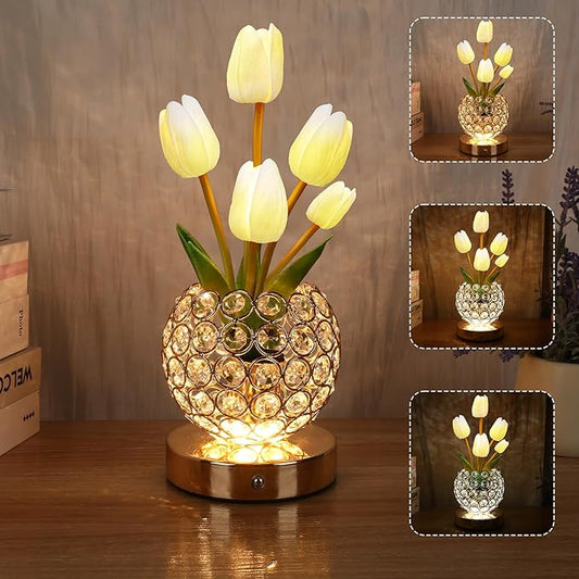Birthday Gifts for Women/Mom Table Lamp, 3 Color Crystal Flower Bedside Lamps Infinitely Dimming with USB Charge Small Night Light,Nightstand Touch Lamp for Bedroom (A-White)