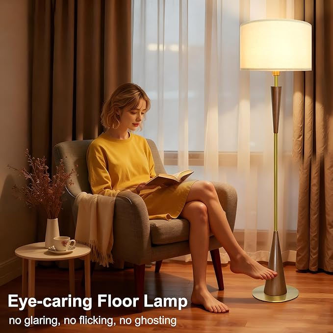 Floor Lamp for Living Room, Wood 3 Color Temperatures & Linen Shade, Modern Reading Standing Lamp with 9W LED Bulb, Mid Century Night Light for Farmhouse, Bedroom, Office, Bronze