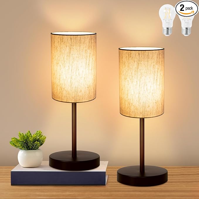 2 Pack Small Table Lamps for Bedroom, Bedside Lamps for Nightstand with Wire Switch, Minimalist Modern Desk Lamps with Linen Fabric Shade for Kids Room Living Room Office Dorm, Bulb Included