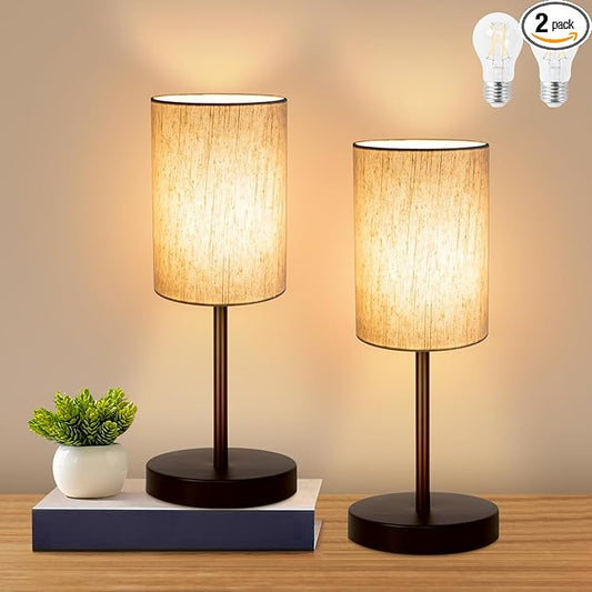 2 Pack Small Table Lamps for Bedroom, Bedside Lamps for Nightstand with Wire Switch, Minimalist Modern Desk Lamps with Linen Fabric Shade for Kids Room Living Room Office Dorm, Bulb Included