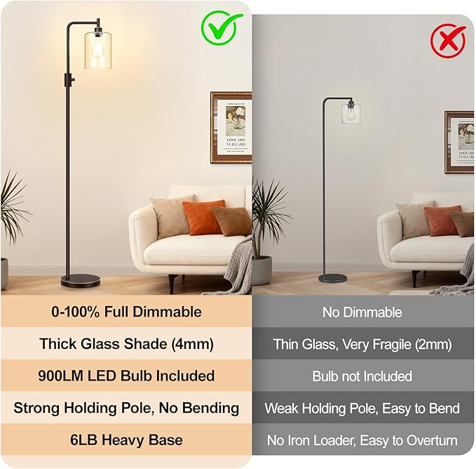 【Upgraded】Dimmable Floor Lamp for Living Room with Glass Lampshade, Brown and Gold Modern Floor Lamp with 900LM LED Bulb Included, Bright Standing Tall Lamp for Bedroom, Office, Reading Room, Corner