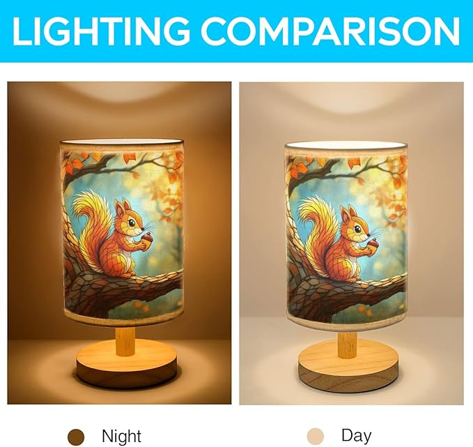 Squirrel Table Lamp LED 3-Color Pressed Bedside, Squirrel Shade Lamp with Wood Base for Bedroom Living Room Desk Office TL01