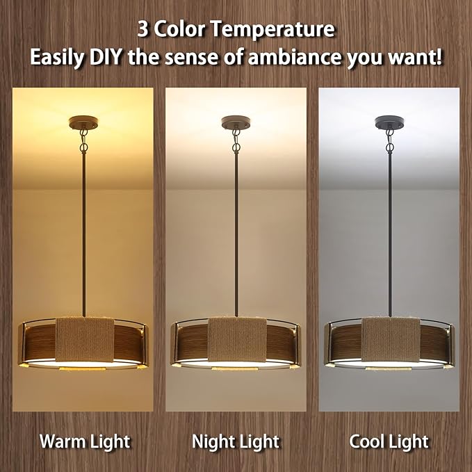 19.7'' Rattan Chandelier, 4-Light 2-Layer Shade Chandelier Rustic Rattan and Metal Wood Grain Round Pendant Kitchen Island Lighting Hanging Drum Chandeliers for Dining Room Foyer Entryway Living Room