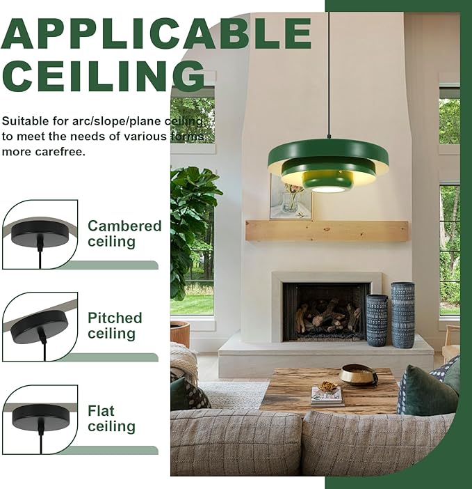 Large Green Pendant Light, 3-Layer Metal Mid Century Modern Chandelier, Vintage Farmhouse Hardwired Ceiling Fixture for Dining Room and Living Room