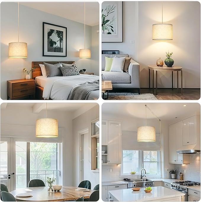 Plug in Pendant Light, Hanging Lamp with Plug in Cord, Rustic Farmhouse Hanging Lights with 3-Way Dimmable Bulb, Pendant Lights Fixtures for Kitchen Dining Room Bedroom Entryway, (Beige Shade)
