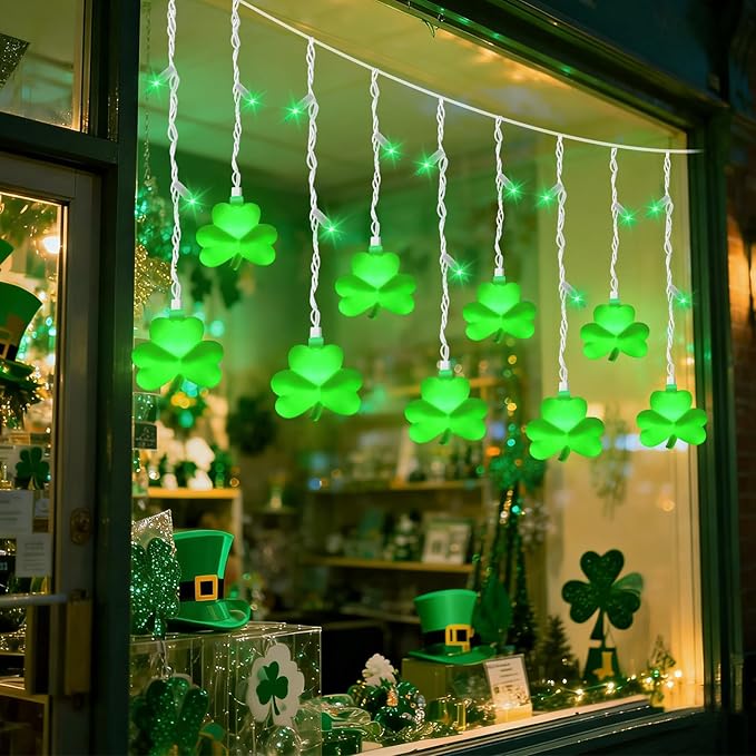 25 LED Green Shamrock Icicle Lights, 6.75FT St. Patricks Day Lights Curtain String Lights with 10 Shamrock & 25 LED Light for Lucky Clover St Patrick's Decorations Indoor Home Window Proch Party Decor