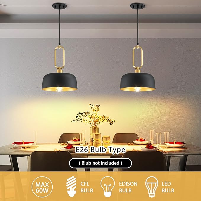 Industrial Pendant Lighting Fixture, 2-Pack Black Farmhouse Pendant Light, Vintage Hanging Ceiling Lights Fixture for Kitchen Island Hallway Dining Room 2 Pack