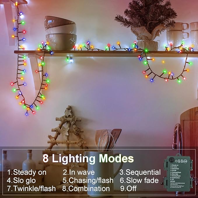 2 Pack Cluster String Lights Battery, Total 20Ft 400 LED Christmas String Lights with Timer 8 Modes Firecracker Twinkle Lights Waterproof for Outdoor Tree Xmas Decor (Multicolor)