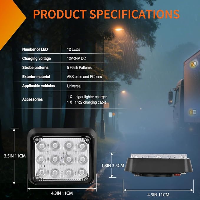Nilight 12LED Magnetic Wireless Trailer Lights 2PCS Rechargeable Portable Hazard Beacon Warning Light Amber and White Emergency Strobe Light for Trucks Trailers Vehicles Cars Bus Surface Mount