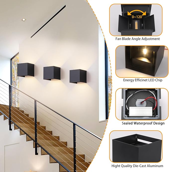2 Pack LED Outdoor Wall Sconces Exterior/Interior,Modern Square Aluminum Wall Light Fixture Set,Variable Beam IP65 Waterproof Lights, 12W Warm Light 3000K Up and Down Wall Lighting Fixtures.