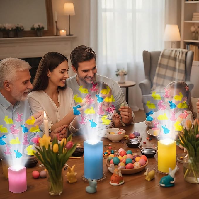 Baquler 3 Pcs Easter Flameless Projector Candles with Remote Timer - Colorful Bunny Projector Light LED Candles Battery Operated for Home Indoor Easter Holiday Party Decorations