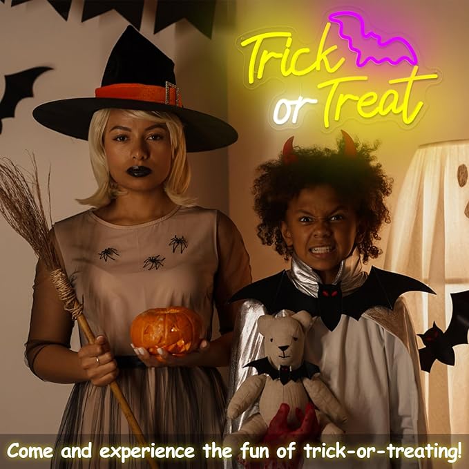 Trick or Treat Neon Sign,Halloween Neon Light,Halloween Bat LED Light for Wall Decor, Dimmable Halloween Party Decorations Light Up Sign for Home Bedroom Bar Garden Porch Coffee Store