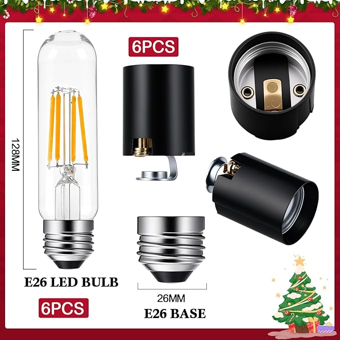 Honoson 6 Pack Large Ceramic Christmas Tree Wiring Kit 4 Watt LED Bulb, Ceramic Christmas Tree Replacement Lights, E26 Candelabra Base, Lamp Wiring Kit Nice for Lighting Large Size Objects