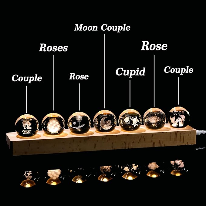 Qianwei 3D Crystal Ball Lovers Crystal Lamp with Led Base - Best Valentines I Love You Gifts for Boyfriend Girlfriend Wife Husband - Rose Couples Cupid Wedding Gifts for Couple Lovers