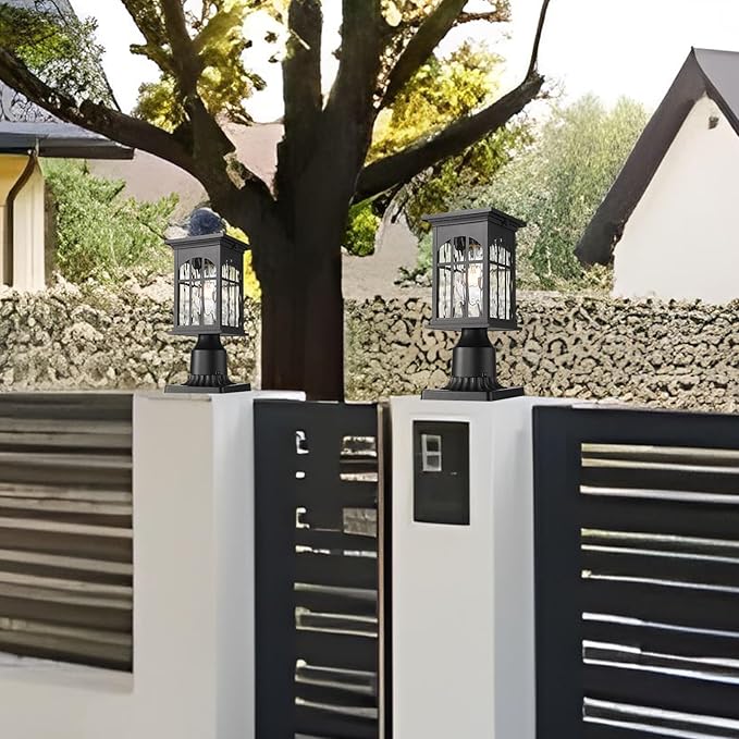 Solar Lamp Post Lights Outdoor Waterproof, Dusk to Dawn Outside Pole Light Fixture with Remote, Exterior Pillar Lantern with Water Ripple Glass and LED Bulb for Pathway Garden Patio Gargae