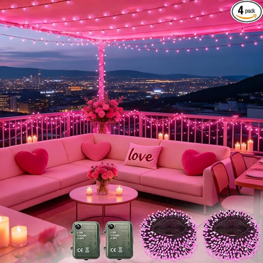 Pink String Lights Battery Powered, 4 Pack Total 66.6 FT 200 LED Valentines Day String Lights Indoor Outdoor Decoration, Twinkle Fairy Light for Valentine's Day Decorations