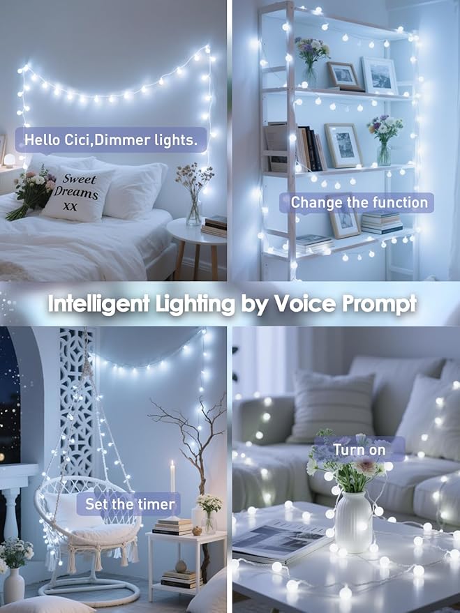 2026 New Connectable 43FT Smart Voice Controlled String Lights Indoor Outdoor | 100LED White Globe Fairy Lights with Remote & Timer | 12 Modes Waterproof Twinkle Light for Classroom Room Decorations