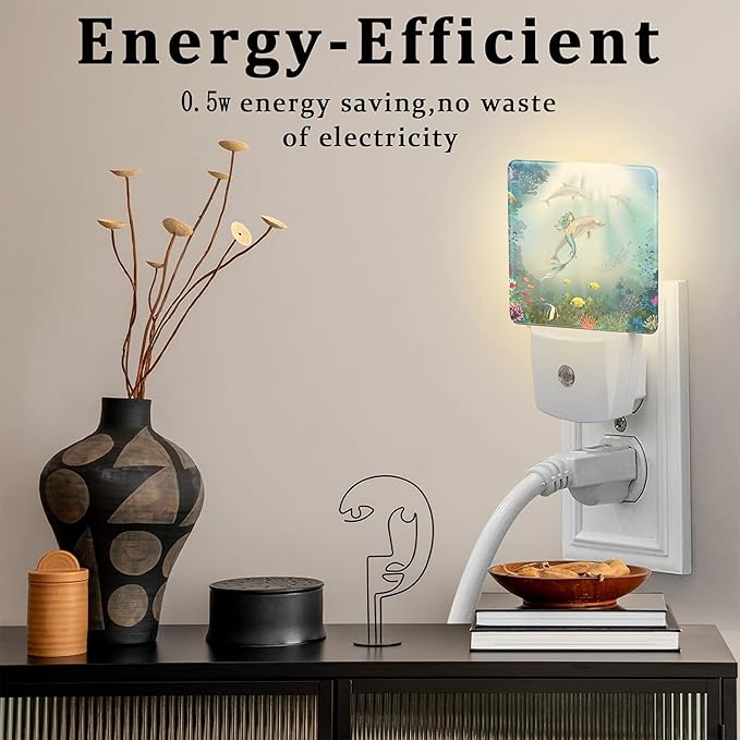 Cute Dolphins with Mermaid Night Light, Underwater World Marine Fish Corals Dusk to Dawn Night Light Plug in,0.5w Energy Saving Sleep Friendly NightLight for Kids Boys Girls Home Decor