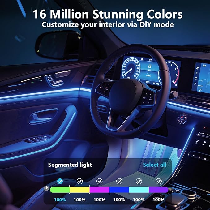 Smart Interior Car Lights,Car led Lights Interior with Rainbow Effect,8 Dynamic Music Mode,256 Lighting Effects and 16 Million Colors,Car Led Strip Lights Controlled by APP,12V
