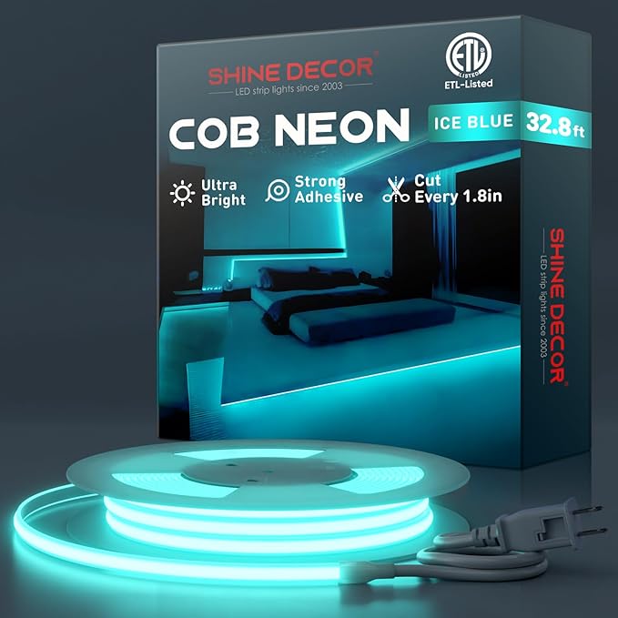 Shine Decor COB LED Rope Light AC 120V, 800lm Ultra Bright, IP65 Waterproof Cold-Resistant ETL Neon Strip, No Driver Tape Lighting for Home Commercial 10x4.5mm, Ice Blue, 32.8ft