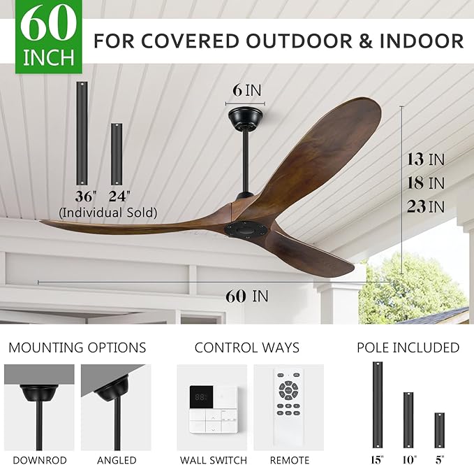 Eliora Ceiling Fan without Light, 60 Inch Wood Ceiling Fan no Light with Remote Wall Switch, Outdoor Fan for Patio, Porch, Bedroom, 6 Speed, Quiet DC Motor, ETL Listed-Deep Walnut