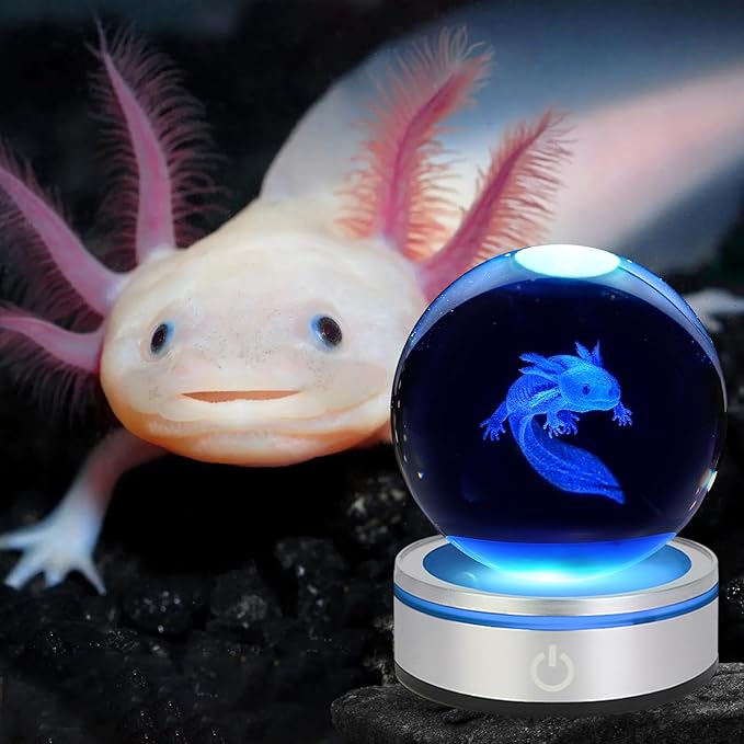 3D Axolotl Crystal Ball Night Light With LED Colorful Light Touch Base 3.15 In Glass Ball Lamp for Birthday Christmas, Cool Toy Gift for Boys Girls Kids Axolotl Figurines Home Decor