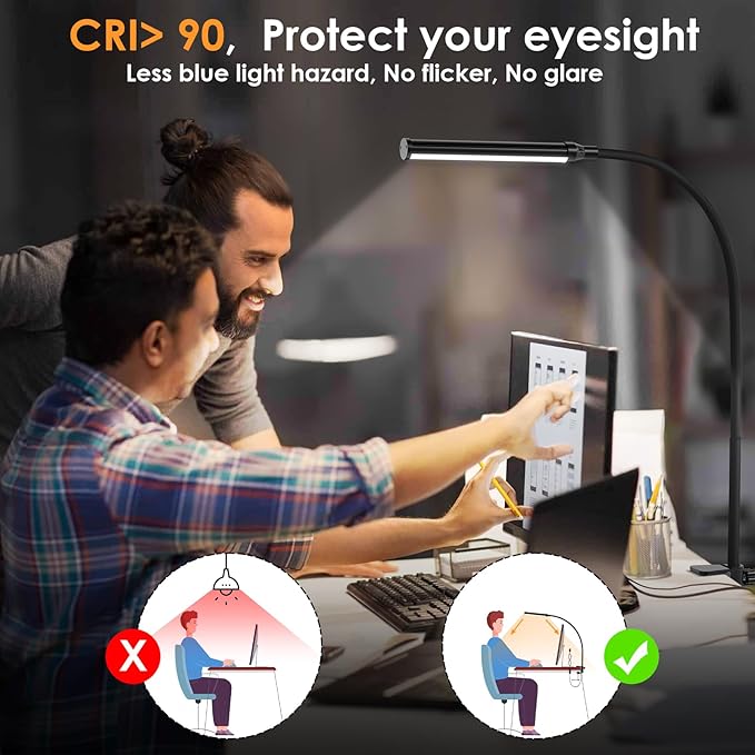 ShineTech LED Desk Lamp with Clamp, Clip On Desk Lamp for Home Office, 3 Color Modes & Stepless Dimming, Flexible Gooseneck Architect Desk Light, Eye Caring Reading Lamp with USB Adapter