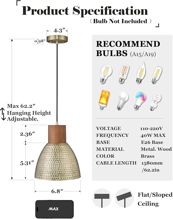 ELYONA Vintage Hammered Pendant Light Fixture, 7” Brushed Brass Metal Hanging Light Solid Wood Antique Gold Pendant Lamp for Kitchen Island, Farmhouse, Dining Room, Small, Adjustable Height