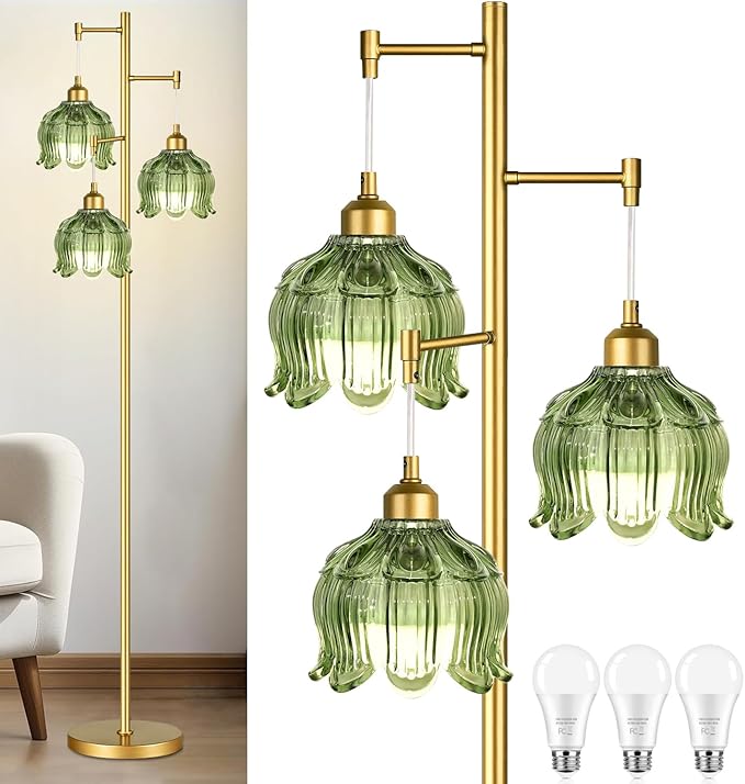 Vintage Floor Lamps for Living Room Bedroom-3 Light Glass Floor Lamp with Three Led Bulb, Modern Mid Century Standing Lamp Brass Tall Lamp Gold Tree Floor Lamp for Bedroom Corner