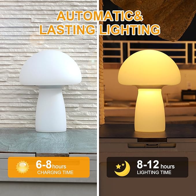 Solar Table Lamp Outdoor Waterproof, Mushroom Solar Lamp with USB & Solar Charging, 2000mAh Rechargeable IP65 Patio Garden Decor Light for Indoor Outdoor, Bedside Lamp, Housewarming Gift