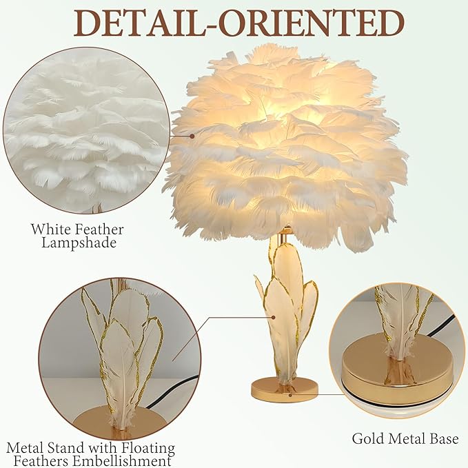 Chic White Feather Lamp Creative Furry Table Lamp Modern Feather Desk Lights Romantic Princess Bedside Nightstand Light for Teen Girls Bedroom Decoration Living Room Wedding Kids Room