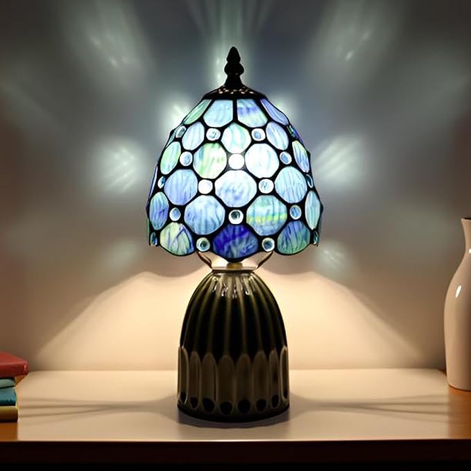 Tiffany Lamp Stained Glass Mushroom Table Lamps 6X6X12.5 Inch Blue Ripple Pearl Style Small Night Light Ceramic Base Mini Accent Desk Light Suitable for Bedside Table Bedroom Children Room