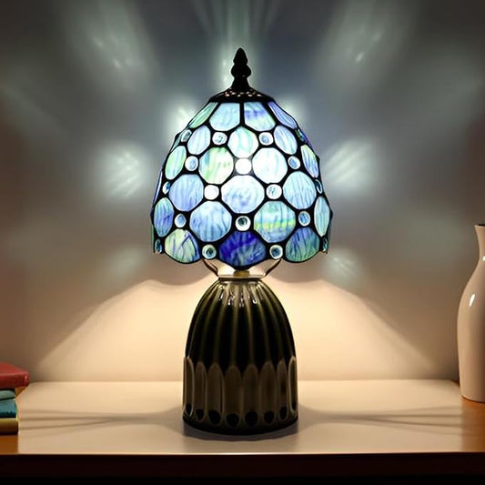 Tiffany Lamp Stained Glass Mushroom Table Lamps 6X6X12.5 Inch Blue Ripple Pearl Style Small Night Light Ceramic Base Mini Accent Desk Light Suitable for Bedside Table Bedroom Children Room